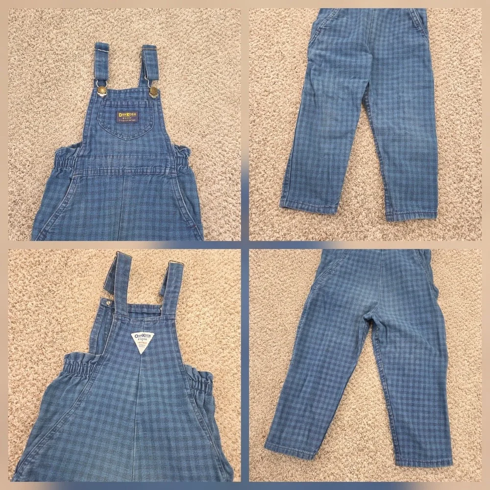 OshKosh B'Gosh vintage Blue Check Plaid toddler overalls 4T Made In USA 80s 90s